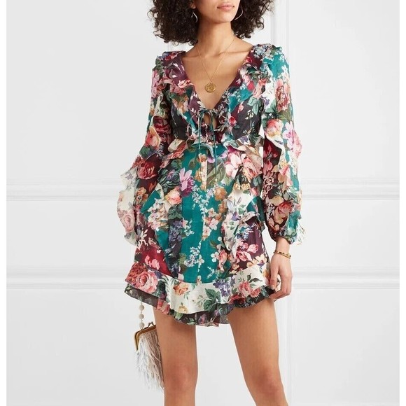 NWT. ZIMMERMANN Allia Ruffled Floral-print Linen Mini Dress AU0 / US4